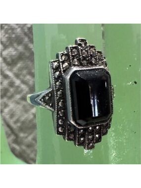 Sterling Silver Black Stone Art Deco Ring
